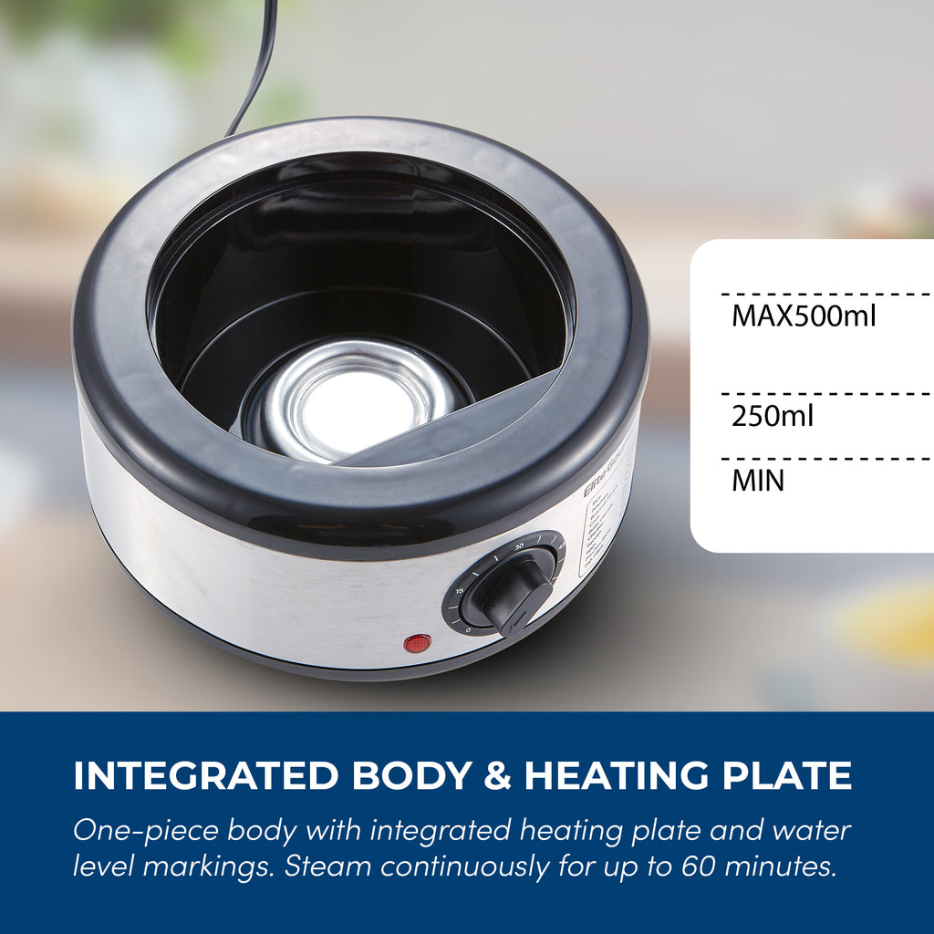 Integrated Body & Heating Plate.  One-piece body with integrated heating plate and water level markings.  Steam continuously for up to 60 minutes.  MAX 500ml, 250ml, MIN