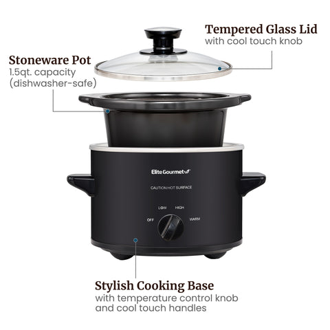1.5Qt. Electric Slow Cooker with Glass Lid (Black)