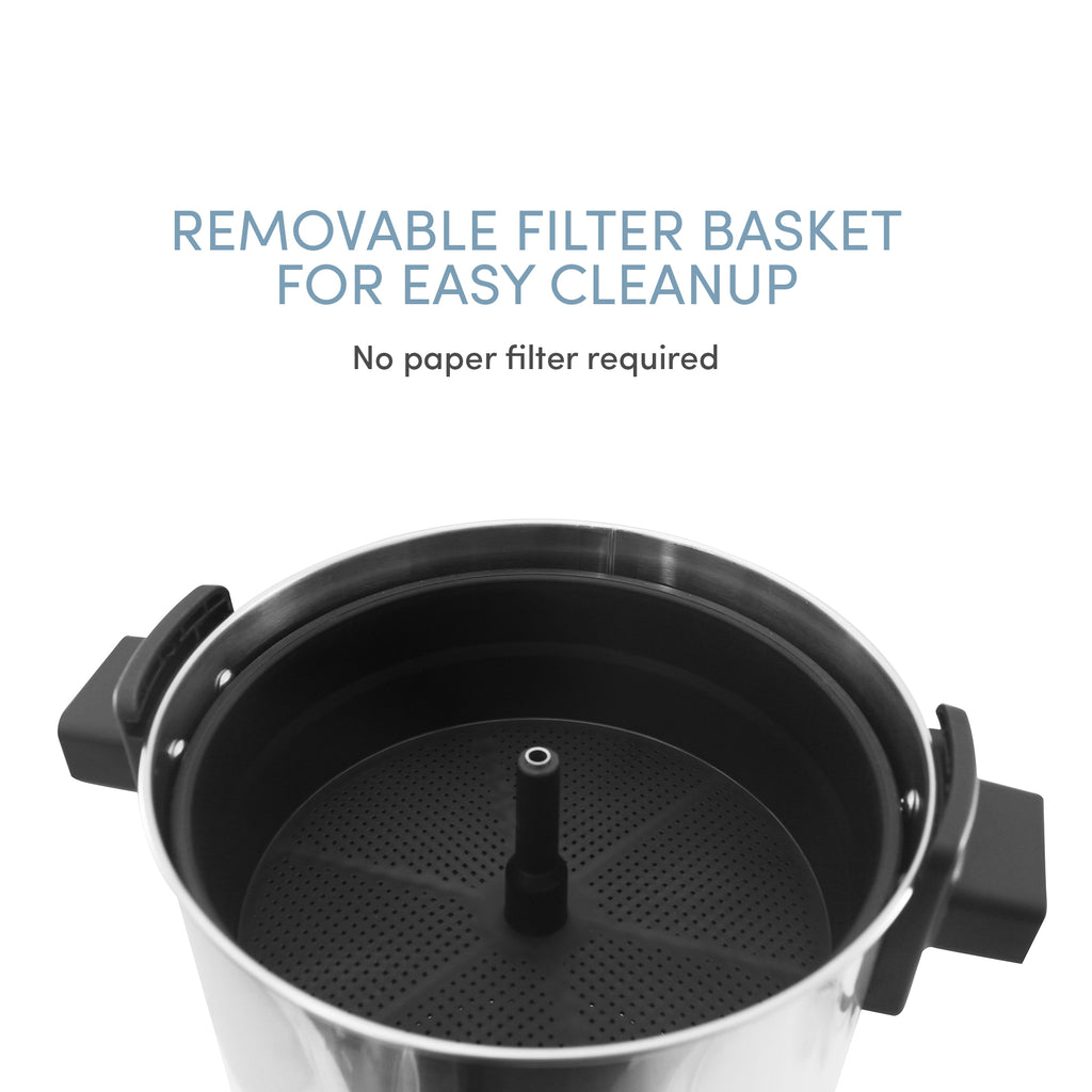 REMOVABLE FILTER BASKET FOR EASY CLEANUP No paper filter required.