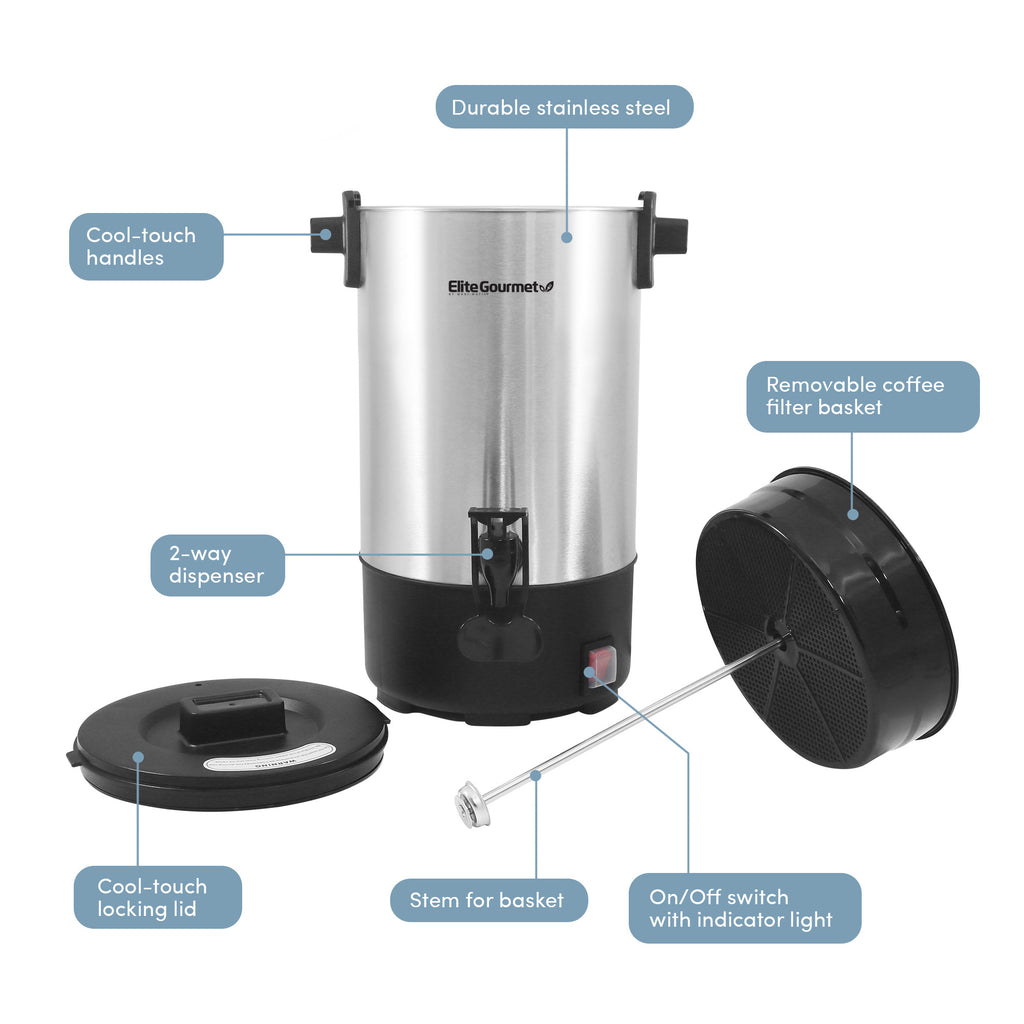 30 Cup Stainless Steel Coffee Urn parts : Durable stainless steel, Cool-touch handles, Removable coffee filter basket, 2-way dispenser, Cool-touch locking lid, Stem for basket, On/Off switch with indicator light.