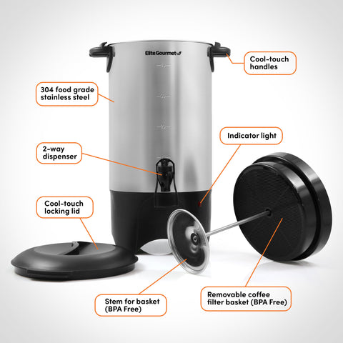 Parts of Stainless steel coffee urn : Cool-touch handles, 304 food grade stainless steel, 2-way dispenser, Indicator light, Cool-touch locking lid, Stem for basket (BPA Free), Removable coffee filter basket (BPA Free).
