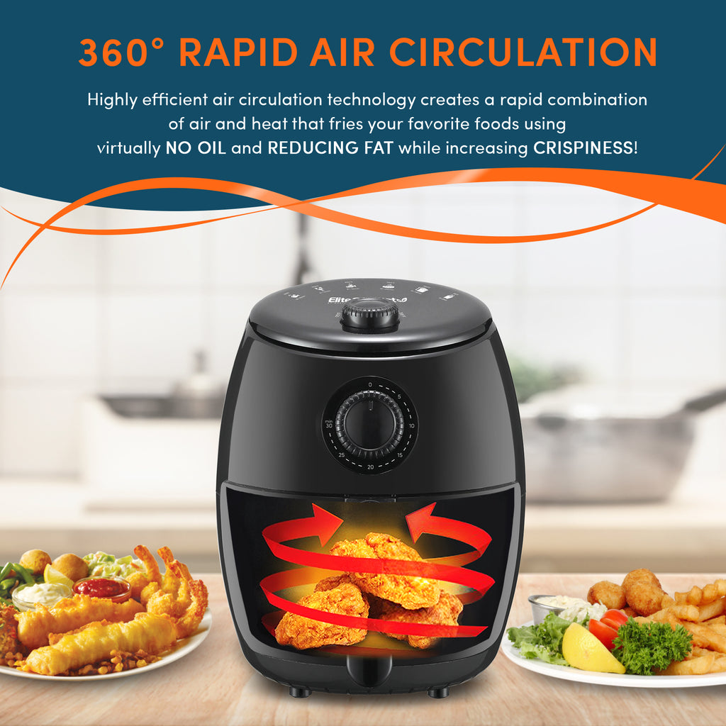 Air fryer with hot air circulation graphics. 360 degree rapid air circulation. High efficient air circulation technology creates a rapid combination of air and heat that fries your favorite foods using virtually no oil and reducing fat while increasing crispiness.