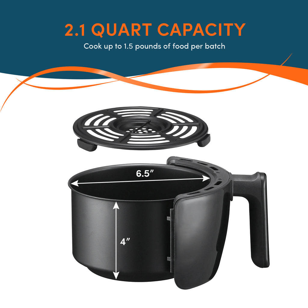 2.1 quart capacity cook up to 1.5 pounds of food per batch. Fryer basket size is 6.5" x 4".
