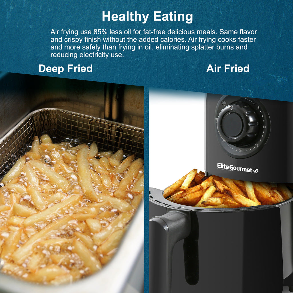 HEALTHY EATING Air frying use 85% less oil for fat-free delicious meals. Same flavor and crispy finish without the added calories. Air frying cooks faster and more safely than frying in oil, eliminating splatter burns and reducing electricity use. Deep Fried versus Air Fried