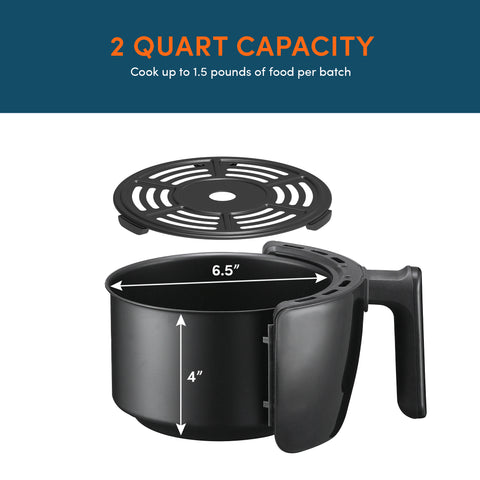 2 Quart capacity cook up to 1.5 pounds of food per batch. Frying basket sized 6.5" width x 4" height.