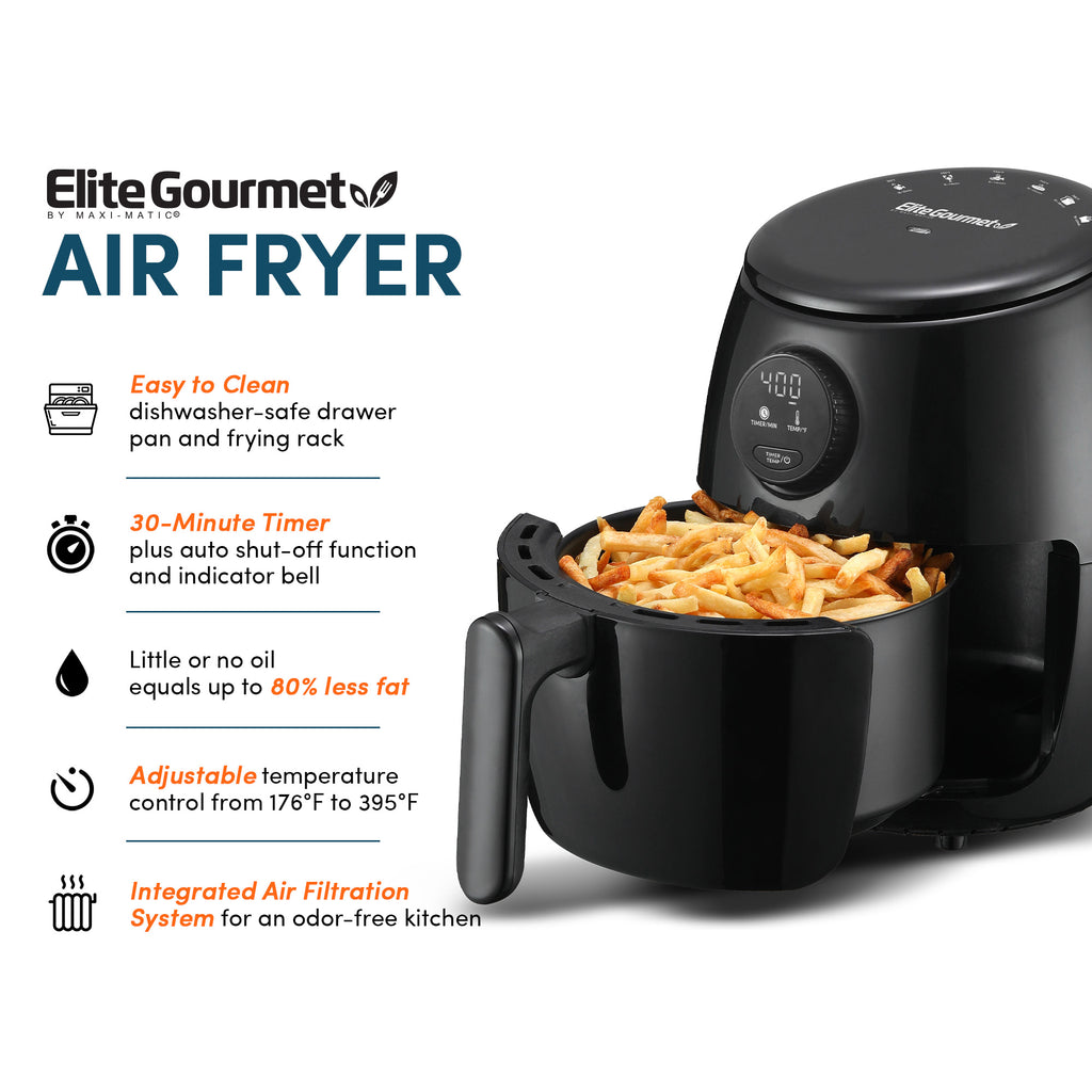 Elite Gourmet Air Fryer. Easy to Clean dishwasher-safe drawer pan and frying rack. 30-minute timer plus auto shut-off function and indicator bell. Little or no oil equals up to 80% less fat. Adjustable temperature control from 175°F to 395°F. Integrated air filtration system for an odor-free kitchen.