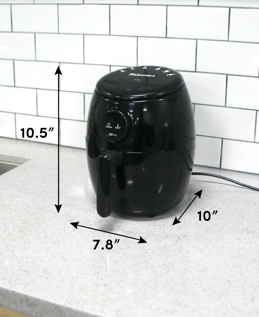 Air fryer placed on counter top. Dimension: 10.5" in height, 7.8" in length, 10" in width.