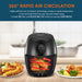 360 degree rapid air circulation. Highly efficient air circulation technology creates a rapid combination of air and heat that fries your favorite foods using virtually NO OIL and reducing fat while increasing crispiness! Air fryer display with air circulation graphics next to various fried foods. 