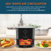 360° RAPID AIR CIRCULATION Highly efficient air circulation technology creates a rapid combination of air and heat that fries your favorite foods using virtually NO OIL and REDUCING FAT while increasing CRISPINESS!  Air fryer display with air circulation graphics next to various fried foods.