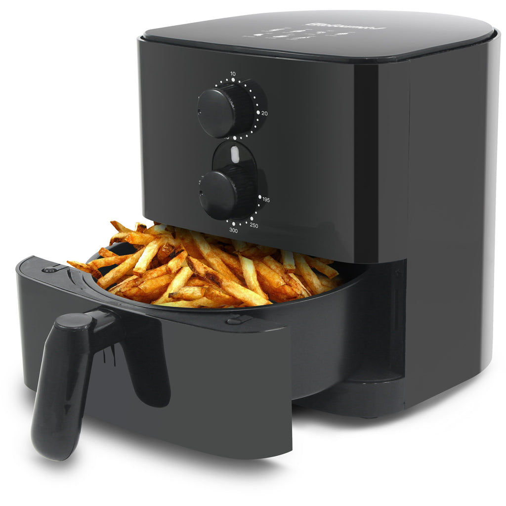 1.1Qt. Compact Electric Oil-Free Air Fryer EAF-3218 (Black). Drawer Pan pulled out with Fries inside.