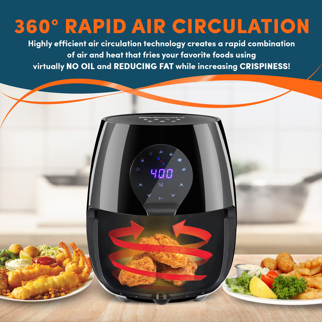 360-degree Rapid Air Circulation.  Highly efficient air circulation technology creates a rapid combination of air and heat that fries your favorite foods using virtually NO OIL and REDUCING FAT while increasing CRISIPNESS!  Air fryer display with air circulation graphics next to various fried foods.