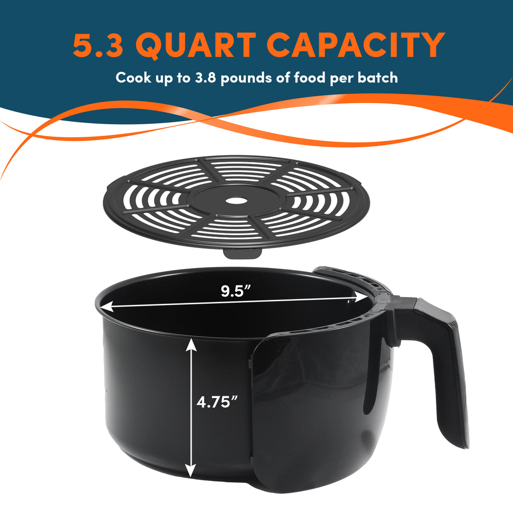 5.3 Quart Capacity.  Cook up to 3.8 pounds of food per batch.