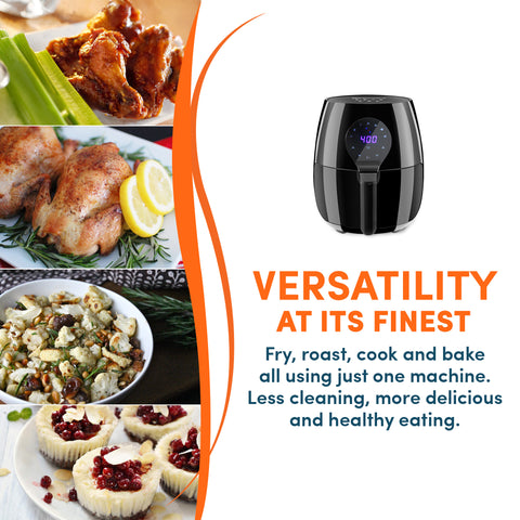Versatility at its finest.  Fry, roast, cook and bake all using just one machine.  Less cleaning, more delicious and healthy eating.  Various fried foods such as chicken wings, roasted chicken, vegetables and baked tarts.