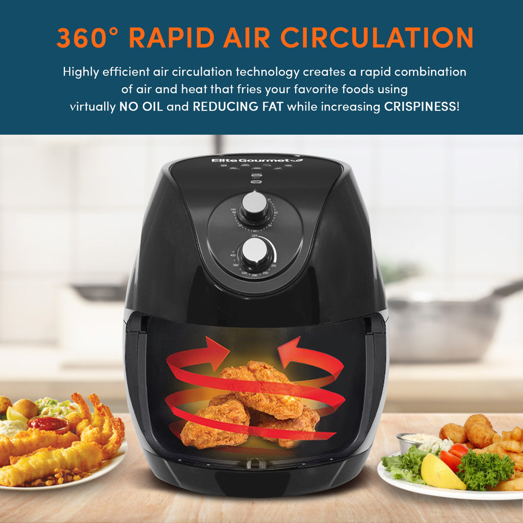 360-degree Rapid Air Circulation. Highly efficient air circulation technology creates a rapid combination of air and heat that fries your favorite foods using virtually NO OIL and REDUCING FAT while increasing CRISIPNESS! Air fryer display with air circulation graphics next to various fried foods.