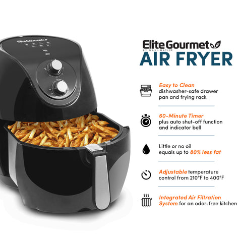 Elite Gourmet Air Fryer. Easy to clean, dishwasher-safe. FOA/PTFE-Free drawer pan and frying rack. 60-Minute Timer plus auto shut-off function and indicator bell. Little or no oil equals up to 80% less fat. Adjustable temperature control from 160F to 400F. Integrated air filtration system for an odor-free kitchen.