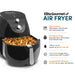 Elite Gourmet Air Fryer. Easy to clean, dishwasher-safe. FOA/PTFE-Free drawer pan and frying rack. 60-Minute Timer plus auto shut-off function and indicator bell. Little or no oil equals up to 80% less fat. Adjustable temperature control from 160F to 400F. Integrated air filtration system for an odor-free kitchen.