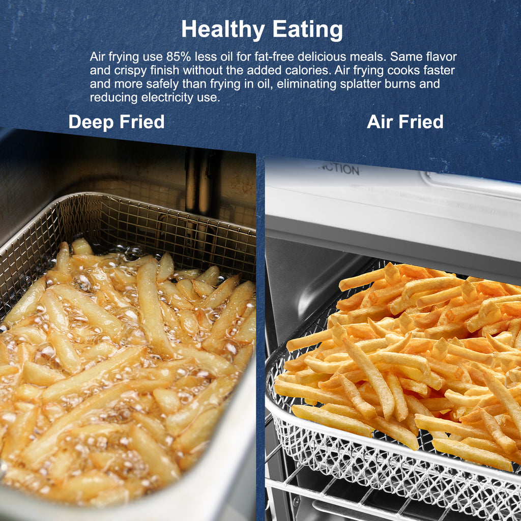 Comparison image of deep fried fries & air fried fries. Healthy Eating: Air frying use 85% less oil for fat-free delicious meals. Same flavor and crispy finish without the added calories. Air frying cooks faster and more safely than frying in oil, eliminating splatter burns and reducing electricity use.