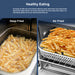 Healthy Eating Air frying use 85% less oil for fat-free delicious meals. Same flavor and crispy finish without the added calories. Air frying cooks faster and more safely than frying in oil, eliminating splatter burns and reducing electricity uses. Photo showing different between Deep Fried and Air Fried.