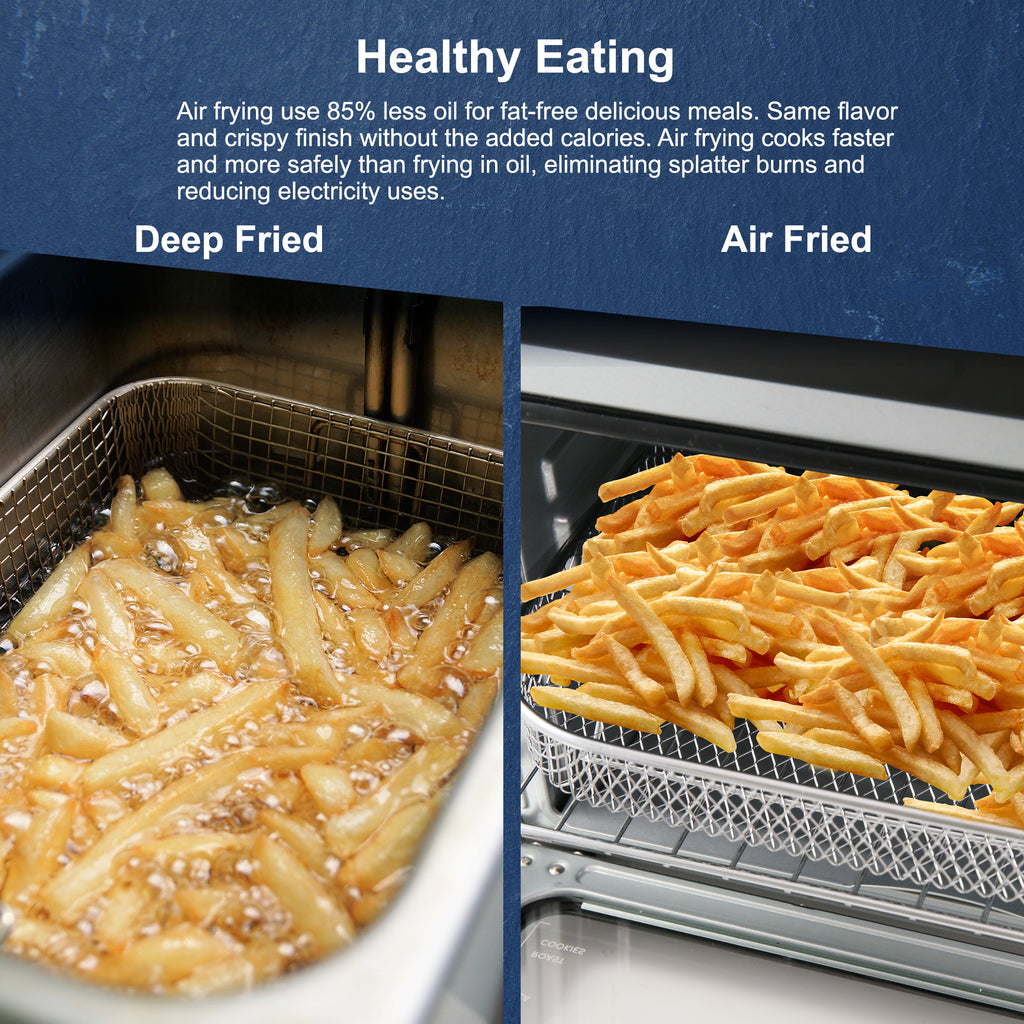 Healthy Eating Air frying use 85% less oil for fat-free delicious meals. Same flavor and crispy finish without the added calories. Air frying cooks faster and more safely than frying in oil, eliminating splatter burns and reducing electricity uses. Photo showing different between Deep Fried and Air Fried.