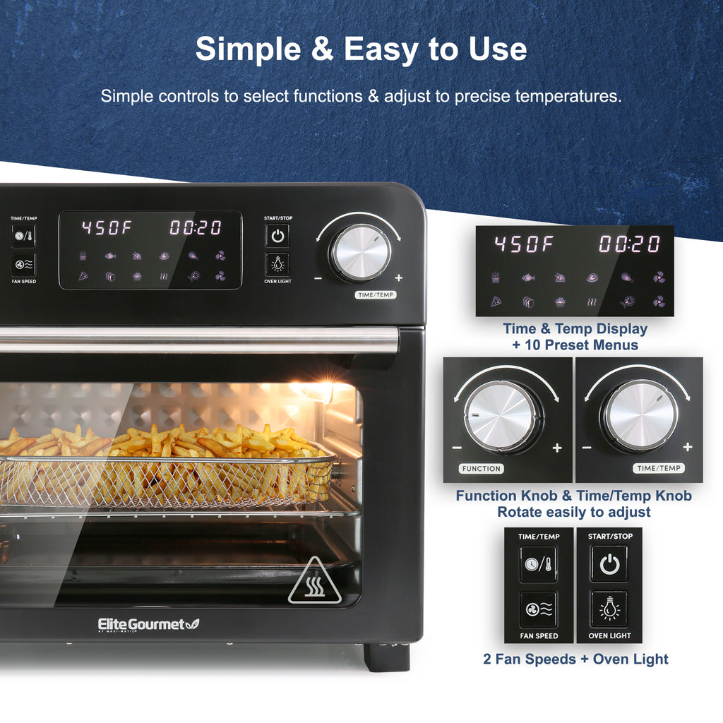 Simple & Easy to Use. Simple controls to select functions & adjust to precise temperatures. Time & Temp Display † 10 Preset Menus. Function Knob & Time/Temp Knob Rotate easily to adjust. 2 Fan Speeds + Oven Light.