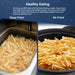 Healthy Eating Air frying use 85% less oil for fat-free delicious meals. Same flavor and crispy finish without the added calories. Air frying cooks faster and more safely than frying in oil, eliminating splatter burns and reducing electricity use. Image showing comparison of Deep Fried and Air Fried.