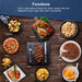 Functions. Cook a wide variety of foods with steak, chicken, fries, fish, Vegetables, pizza, toast, cake, warm, and pastries. Image showing various kinds of foods on the wood table.