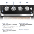 1. Timer Knob set the cooking time up to 120 minutes. 2. Function Knob Air Fry, Convection Broil, Broil, Covection Toast, Convection Bake, Bake 3. Air Fryer Temp. Knob set the air fryer cooking temperature up to 400.°F. 4. Oven Temp. Knob set the oven cooking temperature up to 400.°F. 5. Power Indicator 6. Interior Light Switch. Showing control knobs of air fryer oven.