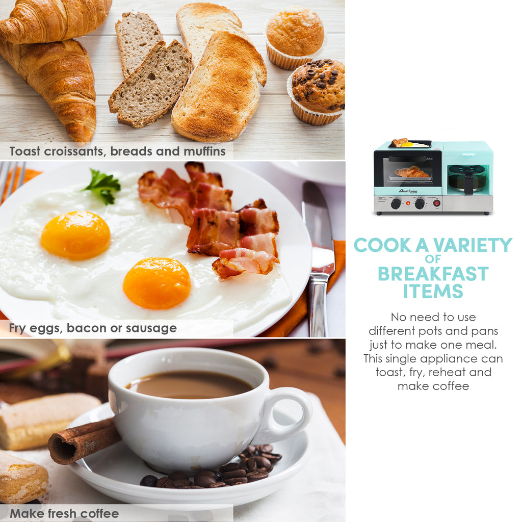 COOK A VARIETY OF BREAKFAST ITEMS. No need to use different pots and pans just to make one meal. This single appliance can toast, fry, reheat and make coffee. Toast croissants, breads and muffins. Fry eggs, bacon or sausage. Make fresh coffee.