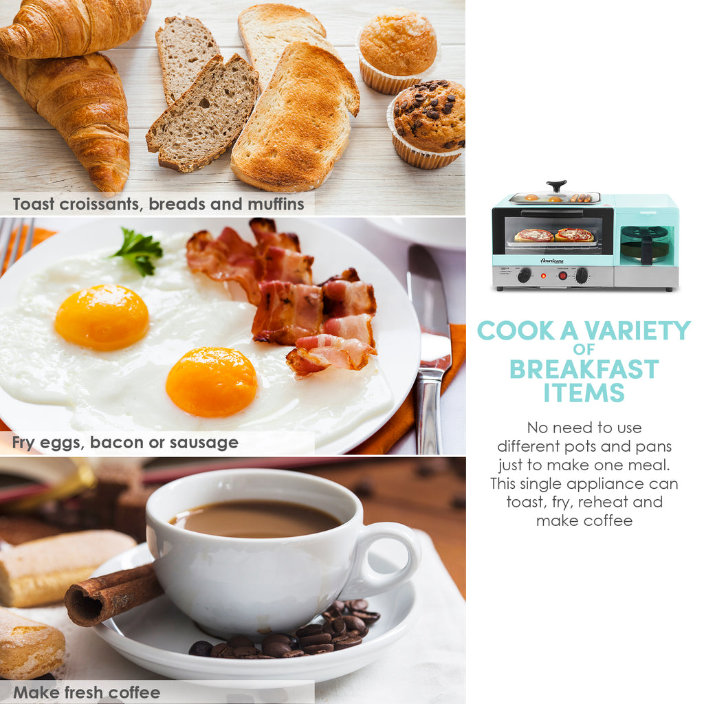 COOK A VARIETY OF BREAKFAST ITEMS No need to use different pots and pans just to make one meal. This single appliance can toast, fry, reheat and make coffee. Toast croissants, breads and muffins, Fry eggs, bacon or sausage, Make fresh coffee.