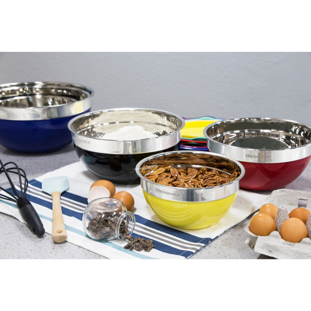 Stainless Steel Mixing Bowls on the table with eggs and nuts
