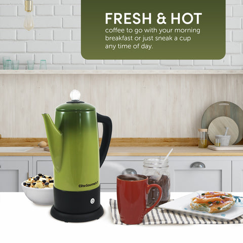 Fresh & Hot coffee to go with your morning breakfast or just sneak a cup any time of day.  Coffee Percolator on kitchen counter next to breakfast, coffee mug and hot cereal.