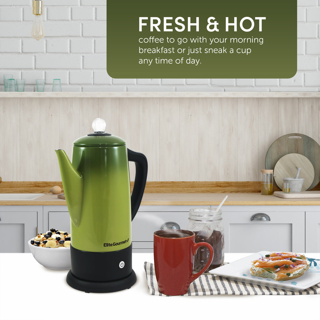 Fresh & Hot coffee to go with your morning breakfast or just sneak a cup any time of day.  Coffee Percolator on kitchen counter next to breakfast, coffee mug and hot cereal.