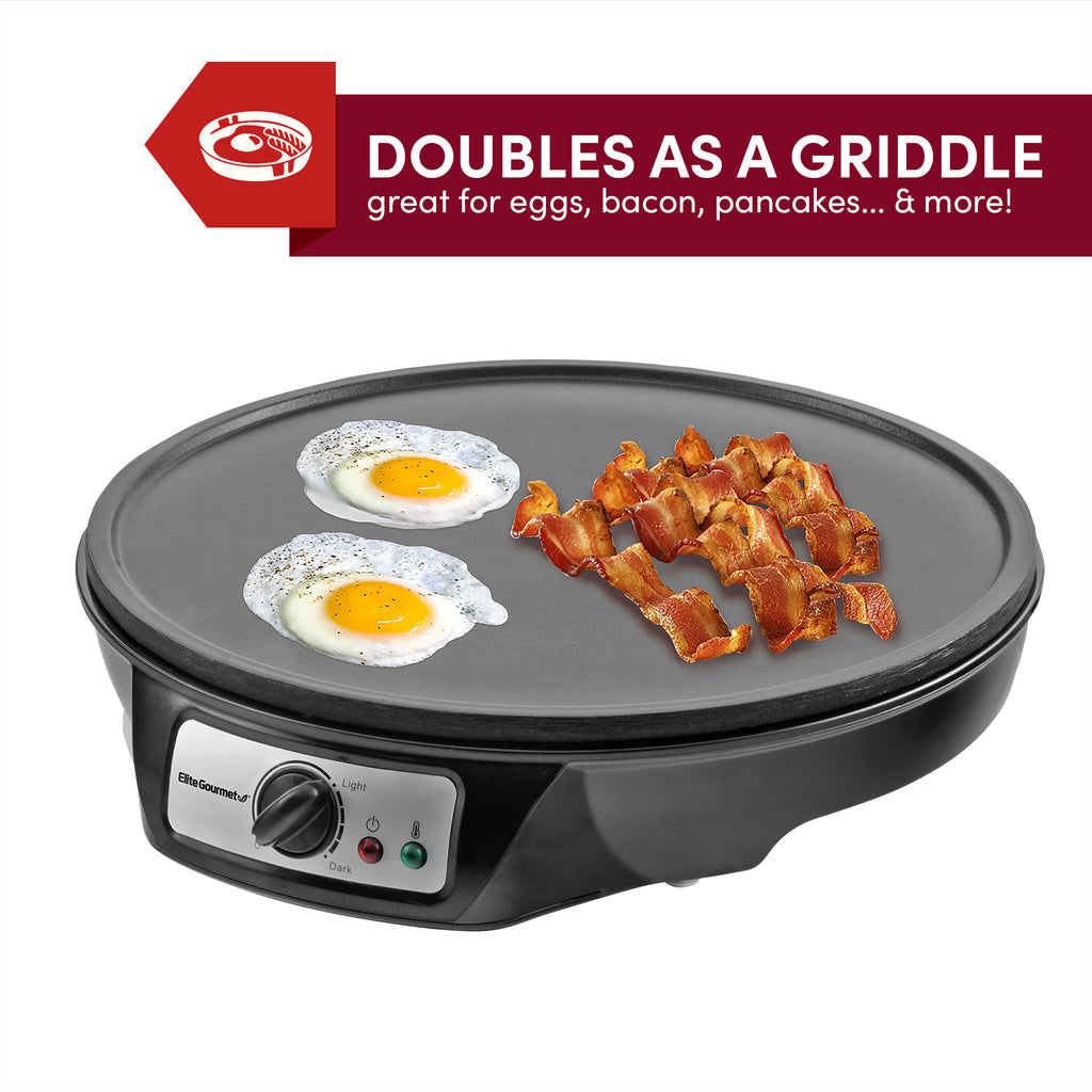 DOUBLES AS A GRIDDLE great for eggs, bacon, pancakes... & more! Eggs and bacons on the surface of Elite Gourmet nonstick electric crepe maker.