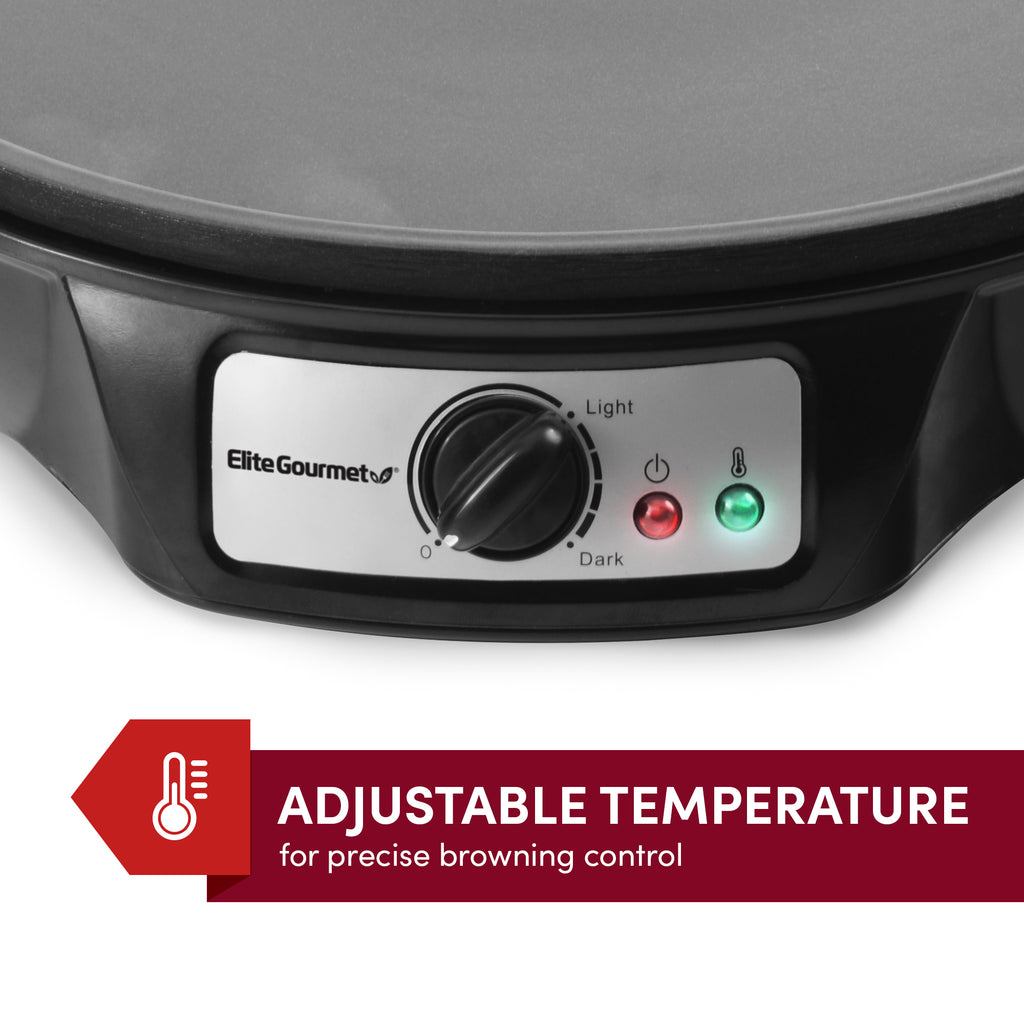 ADJUSTABLE TEMPERATURE for precise browning control. Temperature control and indicator lights of Elite Gourmet nonstick electric crepe maker.