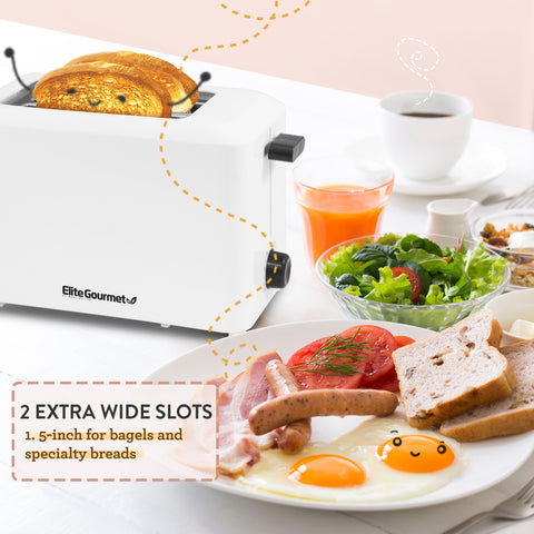 Toaster with two slices of toast in the slots. Evenly toasted. Next to the toaster are a cup of juice, a cup of coffee, a bowl of salad, and a plate of bacon strips, sunny side up eggs, tomato slices, and toast slices. Wording: Two 1.5 inches extra wide slots for bagels and specialty  breads.
