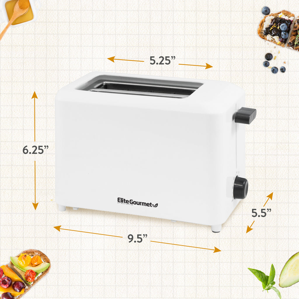 A toaster image with measurements. Slot length is 5.25 inches. Toaster height is 6.25 inches. Toaster length is 9.5 inches.  Toaster width is 5.5 inches.