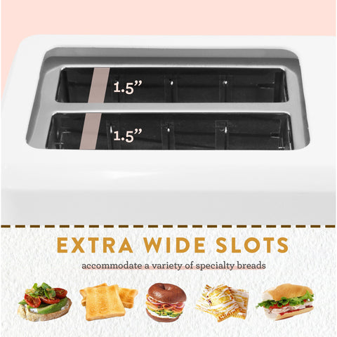 Close up image of the toast slot. 1.5" extra wide slots accommodate a variety of specialty breads.