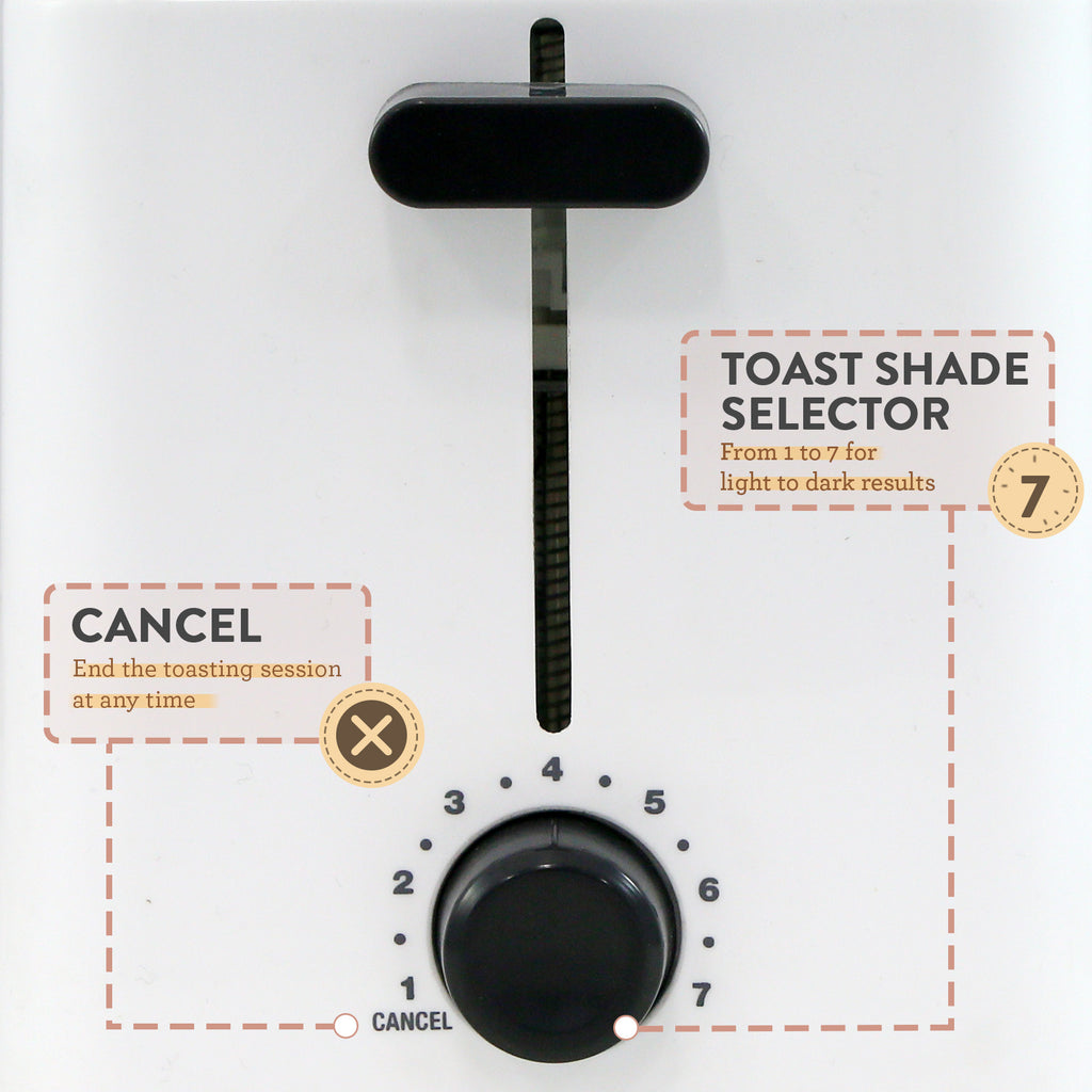Close up image of the toaster lever and toast shade selector. Toast shade selector from 1 to 7 for light to dark results. Cancel function end the toasting session at any time.