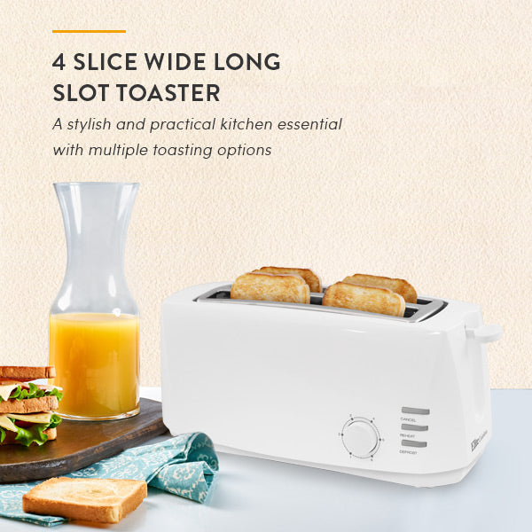 4 SLICE WIDE LONG SLOT TOASTER A stylish and practical kitchen essential with multiple toasting options.