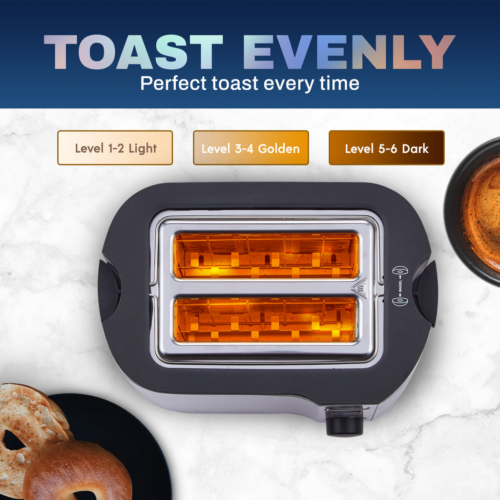 Toast evenly. Perfect toast every time. Level 1-2 Light. Level 3-4 Golden. Level 5-6 Dark.