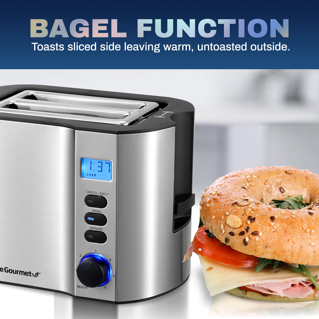 Bagel function toasts sliced side leaving warm, untoasted outside. Toaster with a bagel sandwich next to it.