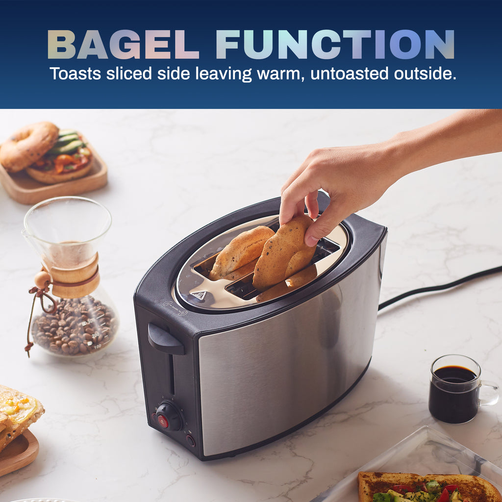 Bagel function toasts sliced side leaving warm, untoasted outside. Image of the toaster with bagel inside the slots.