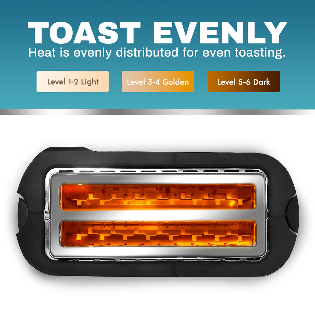TOAST EVENLY Heat is evenly distributed for even toasting. Level 1-2 Light, Level 3-4 Golden, Level 5-6 Dark