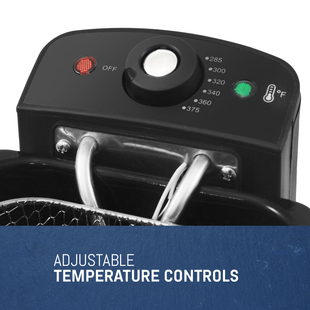 Adjustable Temperature Controls. Showing control knob of deep fryer 285-300-320-340-360-375.