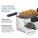 THE FRYING HERO TO THE RESCUE Large Capacity Our 14 cup capacity deep fryer allows you the space to fry 2.5 pounds of food. 1500 Watts of Power Fully Immersible Heating Elementfor Extra Crispy Results Adjustable Thermostat and Enamel coated inner container with removable filter on Lid and 30-minute timer control. Image showing deep fryer with french fries.