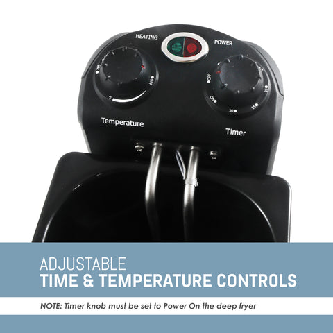 ADJUSTABLE TIME & TEMPERATURE CONTROLS NOTE: Timer knob must be set to Power On the deep fryer. Image showing closeup view of temperature control knob.