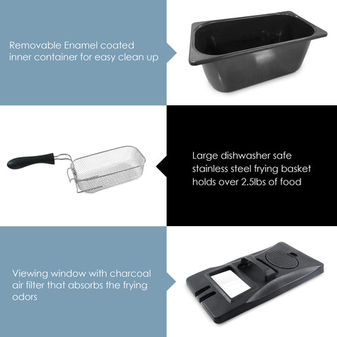 Removable Enamel coated inner container for easy clean up. Large dishwasher safe stainless steel frying basket holds over 2.5lbs of food. Viewing window with charcoal air filter that absorbs the frying odors. Image showing parts of  Electric Immersion Deep Fryer.