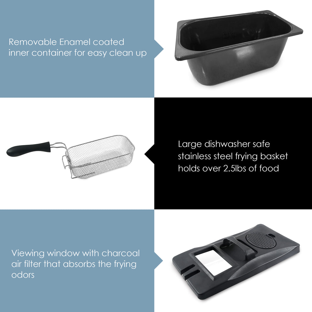 Removable Enamel coated inner container for easy clean up. Large dishwasher safe stainless steel frying basket holds over 2.5lbs of food. Viewing window with charcoal air filter that absorbs the frying odors. Image showing parts of  Electric Immersion Deep Fryer.