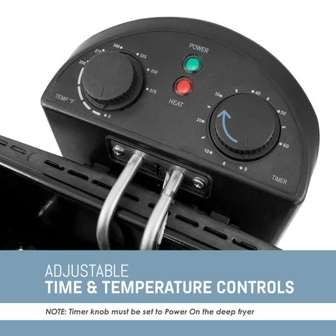 ADJUSTABLE TIME & TEMPERATURE CONTROLS NOTE: Timer knob must be set to Power On the deep fryer.