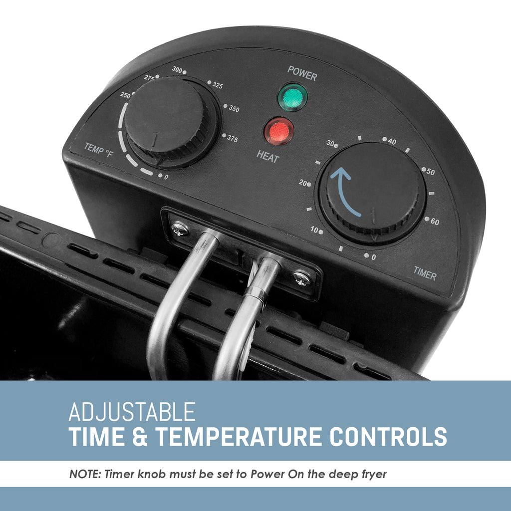 ADJUSTABLE TIME & TEMPERATURE CONTROLS NOTE: Timer knob must be set to Power On the deep fryer.